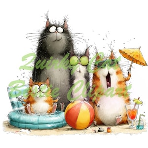Op de afbeelding: Een grillige illustratie van vier cartoonkatten die genieten van een stranddag. E&eacute;n kat zit in een klein opblaasbaar zwembad, een andere houdt een gele parasol vast. Een strandbal en een cocktail zijn ook aanwezig.