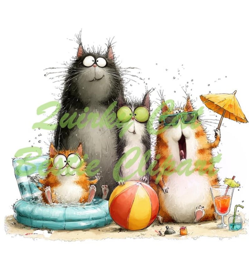 Op de afbeelding: Een grillige illustratie van vier cartoonkatten die genieten van een stranddag. E&eacute;n kat zit in een klein opblaasbaar zwembad, een andere houdt een gele parasol vast. Een strandbal en een cocktail zijn ook aanwezig.