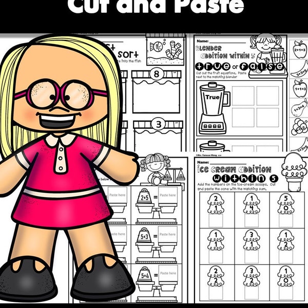 Kindergarten Math Worksheets. Addition: Cut and Paste.