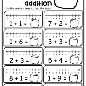 May include: Black and white worksheet with a marshmallow character at the top. The worksheet has a title "marshmallow addition" and includes number lines to help solve addition problems. The problems include 1 + 1, 7 + 2, 1 + 6, 3 + 3, 2 + 3, 5 + 4, 8 + 1, 1 + 9, 4 + 2, and 5 + 5.