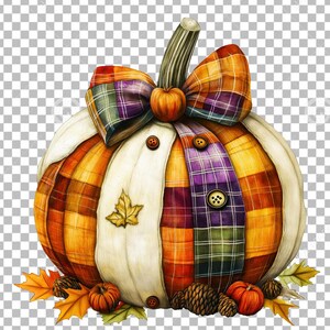 Puede incluir: Una calabaza blanca con un patr&oacute;n de cuadros y un lazo de cuadros morado y naranja. La calabaza est&aacute; rodeada de hojas de oto&ntilde;o y pi&ntilde;as.