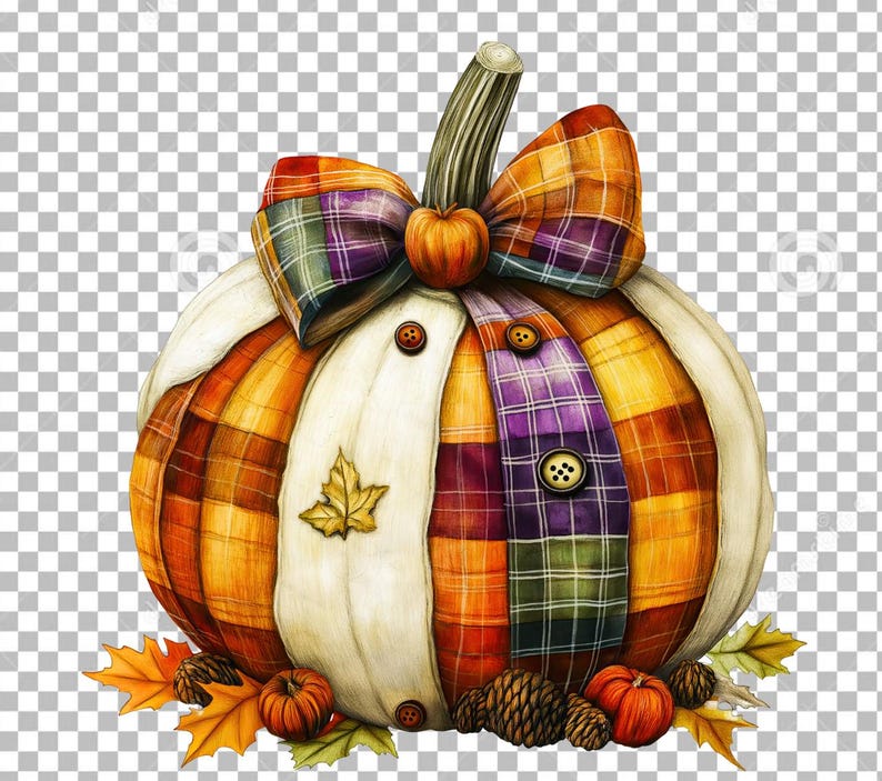 Puede incluir: Una calabaza blanca con un patr&oacute;n de cuadros y un lazo de cuadros morado y naranja. La calabaza est&aacute; rodeada de hojas de oto&ntilde;o y pi&ntilde;as.