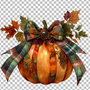 Puede incluir: Una calabaza decorativa con una cinta a cuadros y un lazo. La calabaza est&aacute; pintada con colores oto&ntilde;ales y tiene un dise&ntilde;o floral. La calabaza est&aacute; rodeada de hojas de oto&ntilde;o.