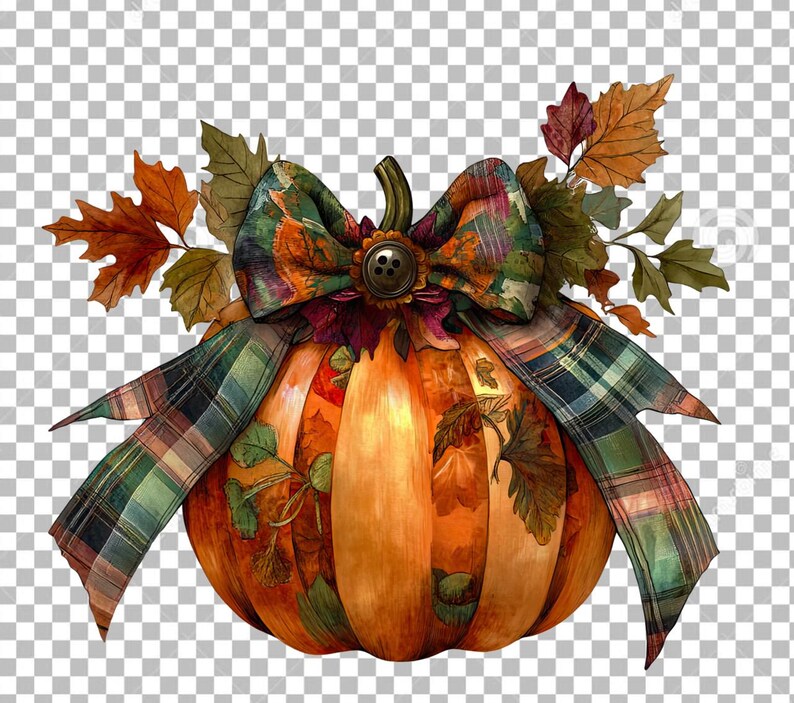 Puede incluir: Una calabaza decorativa con una cinta a cuadros y un lazo. La calabaza est&aacute; pintada con colores oto&ntilde;ales y tiene un dise&ntilde;o floral. La calabaza est&aacute; rodeada de hojas de oto&ntilde;o.