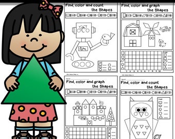 2D Shapes Kindergarten Worksheets: Color, Count, Graph (PDF)