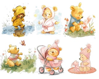 May include: Six illustrations of Winnie the Pooh in different scenes. The first shows Winnie the Pooh wearing a yellow raincoat standing in a puddle. The second shows Winnie the Pooh wearing a white bathrobe. The third shows Winnie the Pooh wearing a blue shirt and giving a flower to Piglet. The fourth shows Winnie the Pooh wearing a striped shirt and looking at a butterfly. The fifth shows Winnie the Pooh wearing a pink hat and scarf sitting in a pink stroller. The sixth shows Winnie the Pooh wearing a pink hat and scarf sitting on a pink rug with Piglet.
