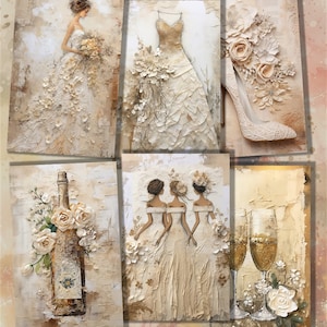 May include: A collage of six images with a wedding theme. The images feature a bride, a wedding dress, a pair of wedding shoes, a bottle of champagne, three bridesmaids, and two champagne glasses.