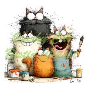 Op de afbeelding: Een grillige illustratie toont vier cartoonkatten met expressieve gezichten. E&eacute;n is zwart, &eacute;&eacute;n is oranje en twee zijn bruin en wit. Verfpotten, penselen en spatten suggereren een artistiek thema.