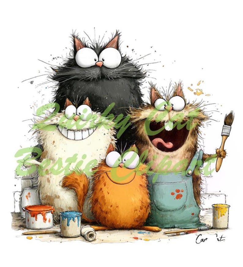 Op de afbeelding: Een grillige illustratie toont vier cartoonkatten met expressieve gezichten. E&eacute;n is zwart, &eacute;&eacute;n is oranje en twee zijn bruin en wit. Verfpotten, penselen en spatten suggereren een artistiek thema.