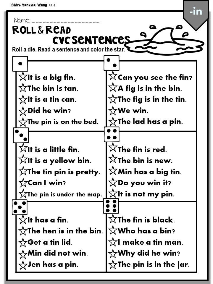 Phonics Worksheets CVC Short Vowels Roll & Read Sentences kindergarten