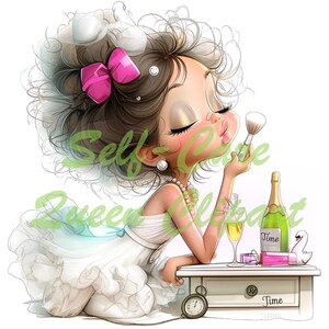 Peut inclure: Illustration d'une femme appliquant du maquillage, avec un n&oelig;ud rose dans les cheveux. L'image comprend une bouteille de champagne, un verre de champagne et une figurine de cygne. Le texte sur l'image se lit "Self Care Queen Alert" et "Time".