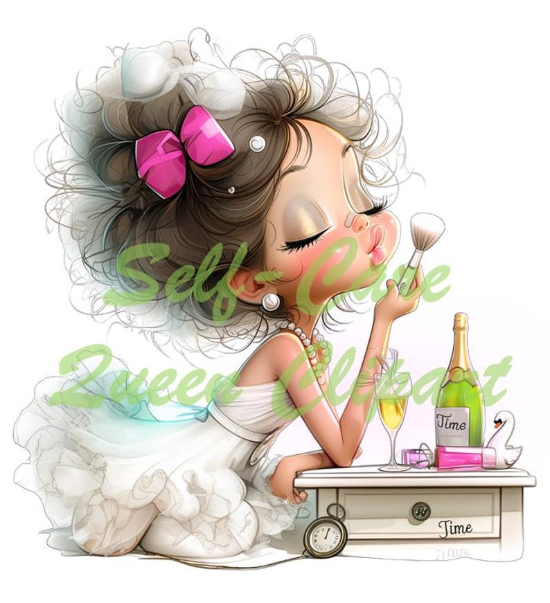 Peut inclure: Illustration d'une femme appliquant du maquillage, avec un n&oelig;ud rose dans les cheveux. L'image comprend une bouteille de champagne, un verre de champagne et une figurine de cygne. Le texte sur l'image se lit "Self Care Queen Alert" et "Time".