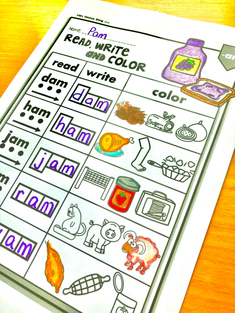 Phonics Worksheets CVC Short Vowels Read, Write & Color for