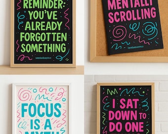 Pacchetto stampabile di poster da parete ADHD - Poster colorati sulla salute mentale / Neurodivergenti, divertenti, download immediato