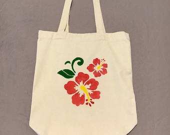 Hibiscus Canvas Medium Sized Tote Bag - Natural Color