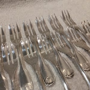 May include: A selection of silver forks, each with multiple tines and a decorative shell motif on the handle. The forks are arranged at an angle, highlighting their polished finish and design. The cutlery is likely for use at a dining table.