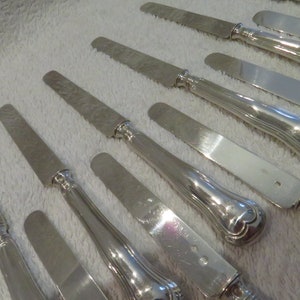 May include: A set of ten silver butter knives with ornate handles. The blades are smooth and polished, while the handles have a hammered texture.