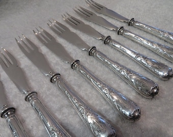 9 Christofle silversmith fish forks knives model Marly engraved AT early 20th c silver-plated fish forks 21.7-21.8cm