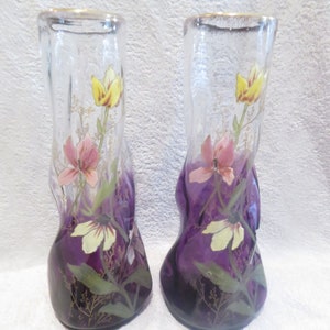 Superb pair of enameled glass vases with purple background, flower and foliage decoration, Legras shape, Musset 1900, French art enameled glass vases