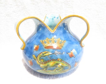 Ball vase with 3 handles faience of Blois manufactures Ulysses decor salamander and French dragons ceramic vase