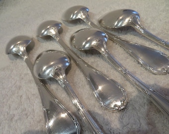 6 cucharas de postre plateadas de Christofle, modelo cintas Luis XVI, principios del siglo XX, cucharas de postre plateadas, 18,8 cm