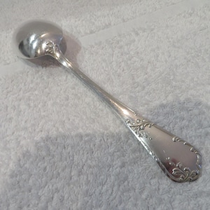 Peut inclure: Une cuillère en argent avec un manche orné. La cuillère a un bol arrondi et un manche long et fin avec un motif décoratif.