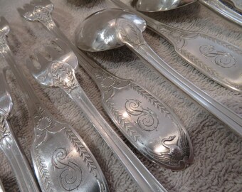 Juego de cubiertos de mesa Minerva Empire Swan de plata 950 de 6 piezas, magnífico, del platero E. Puiforcat, circa 1900, francés.