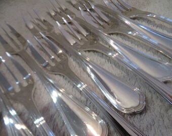 12 fourchettes à gateaux métal argenté orfèvre Christofle modèle Spatours Vintage 1990 silver-plated pastry cake forks 16cm excellent