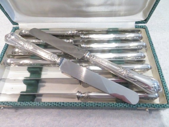 12 Couteaux à Dessert Art Déco, Manche Argent Sterling, 1900-1919, Bon état