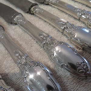 May include: Close-up of a set of ornate silver knives. The handles feature a detailed floral design, and the blades are a contrasting silver color. The knives are arranged on a textured, off-white surface, suggesting a formal dining setting.