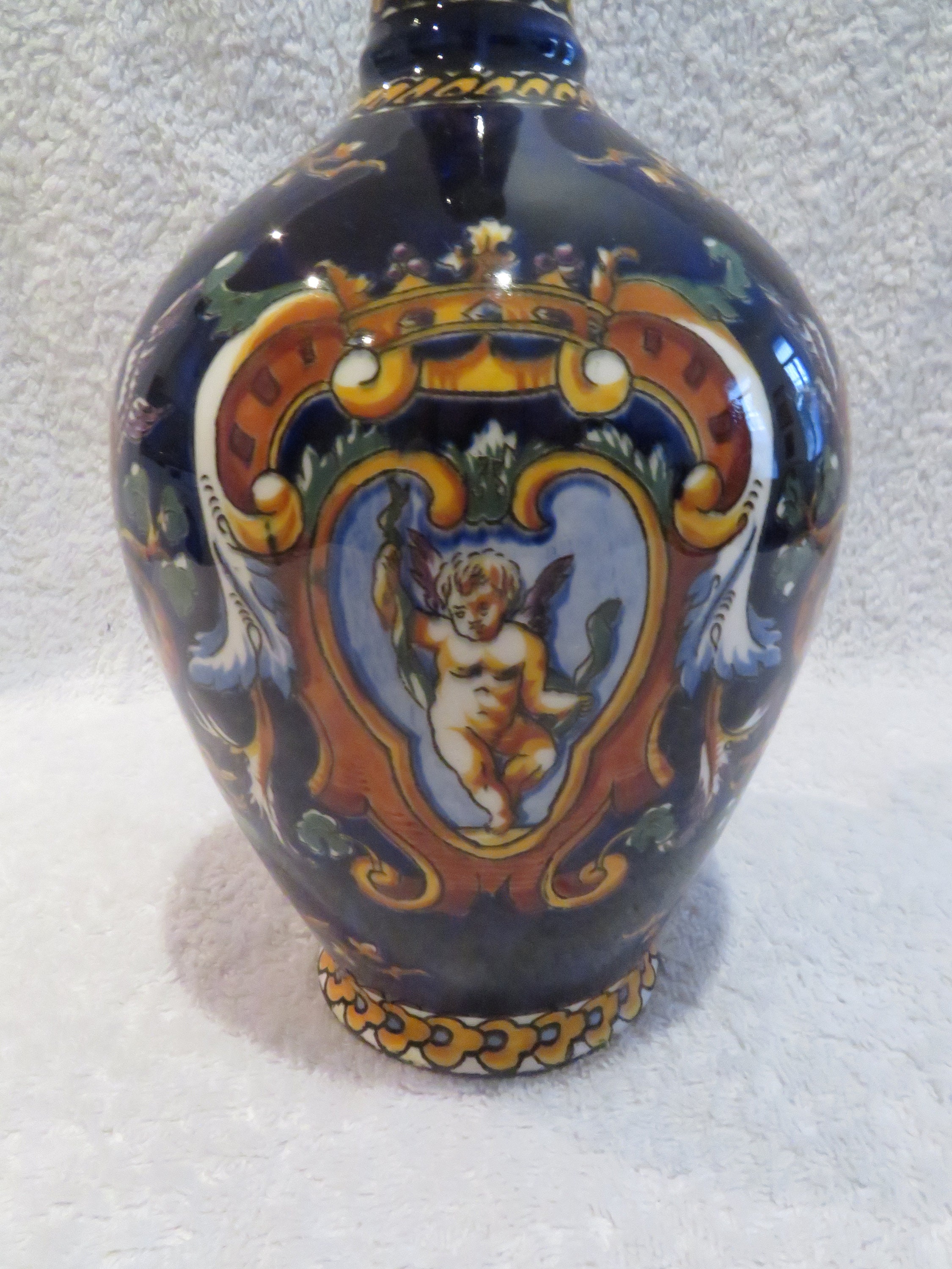 ジアン陶器水差し イタリア・ルネサンス装飾 青背景スタンプ 1938年