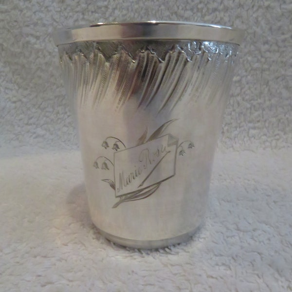 Charmante timbale argent 950 Minerve gravé Marie rose style rocaille (1900 French 950 silver baby cup rococo st lily)
