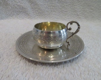 superbe tasse à moka 4cl argent 950 minerve frise guillochée Louis XIV orfèvre L Coignet 1900 French 950 silver demi tasse mocha cup