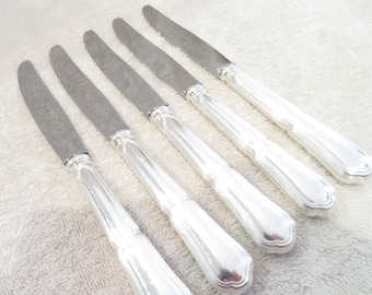 5 couteaux à dessert manche métal argenté modèle Contours lame inox Bonnel à Tarbes Vintage French silver-plated dessert knives