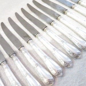 12 dessert knives silver metal handle goldsmith Roux Marquiand model Louis XV rocail 58 1920 French silver-plated dessert knives