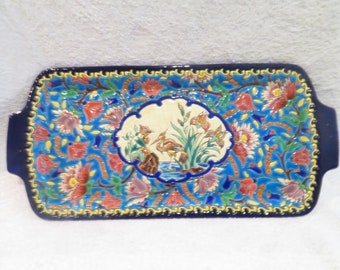 Beau plat à cake émaux de Longwy à cartouche décor échassier décor floral 5685 French ceramic rectangular cake tray