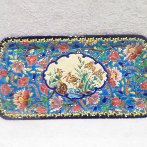 Beau plat à cake émaux de Longwy à cartouche décor échassier décor floral 5685 French ceramic rectangular cake tray