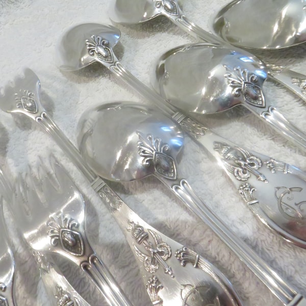 12 couverts de table argent 950 Mercure style empire décor ailes & torches Magnificent French 950 export silver 24p dinner cutlery set