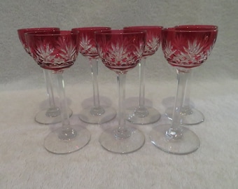 7 glasses of liqueur or crystal vodka lined rubies of Saint Louis mod Massenet before 1936 (French crystal liquor vodka glasses)