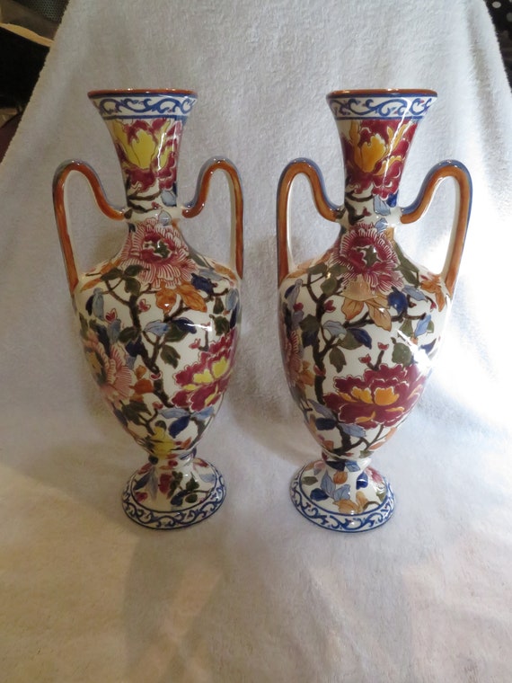 ジアン花瓶 牡丹 フランス GIEN ジアン ハンドペイント ファイアンス焼