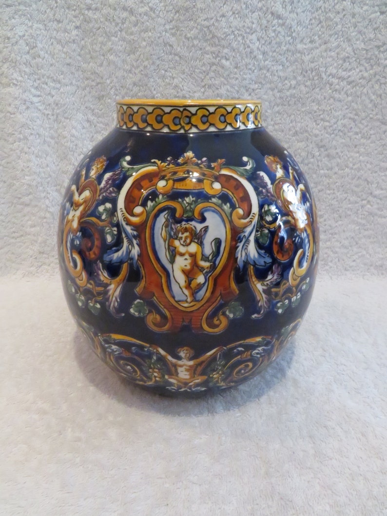 French pottery vase Vase ball faience of Gien decoration Renaissance Italian background blue stamp 1938