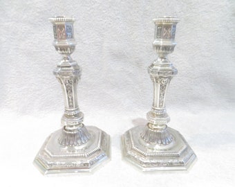 Superb pair of Christofle goldsmith silvered bronze candlesticks model Duperier Vintage silvered bronze pair of candlesticks