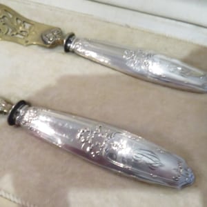 May include: A pair of antique silver serving utensils with detailed floral and leaf patterns. The handles are polished, reflecting light, and the blades have a gold-coloured finish. The set is displayed in a soft, beige-coloured case.