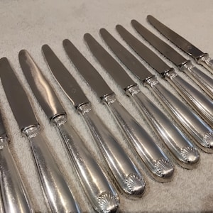 Puede incluir: Conjunto de cuchillos plateados con acabado brillante. Los mangos presentan un diseño de concha. Las hojas son lisas y ligeramente curvadas. Dispuestos sobre una superficie blanca, sugiriendo un ambiente de mesa.