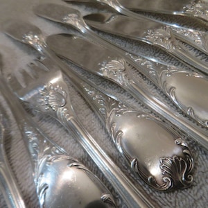 6 silver metal fish cutlery rococo style goldsmith Christofle model Marly Vintage French silver-plated 12p fish cutlery set