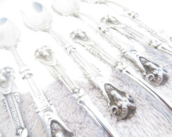 Magníficas 12 cucharas de moca plata 800 decoración de collarín cabeza de carnero orfebre Eschwege principios del siglo XX francés 800 cucharas de media taza de plata 11,5 cm