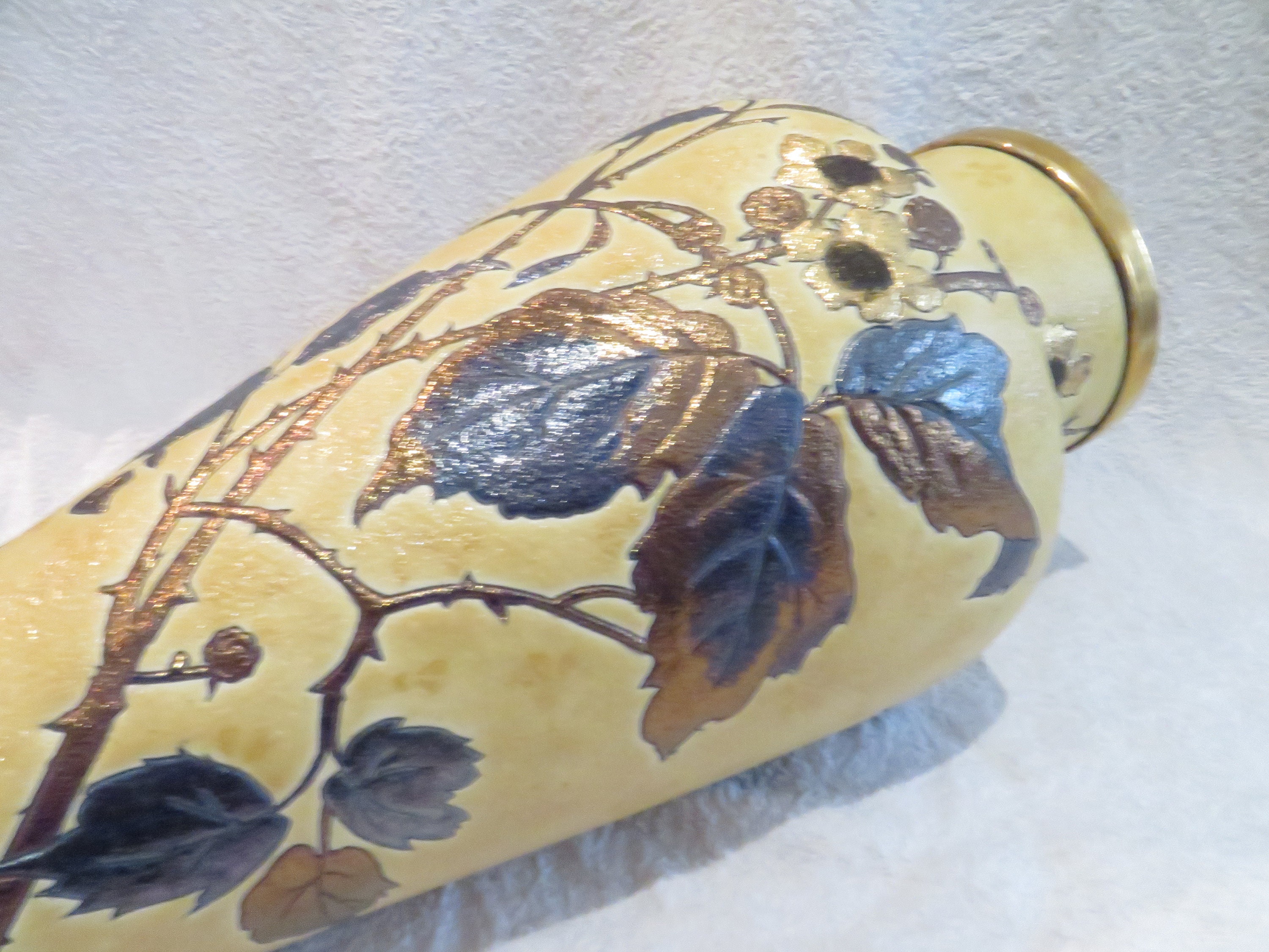 Superbe et rare grand vase Gien émaux chagrins décor mures art