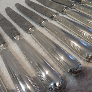 12 table knives silver metal handle Louis XVI style goldsmith Ercuis model Trianon Vintage French silver-plated dinner knives 24.9cm