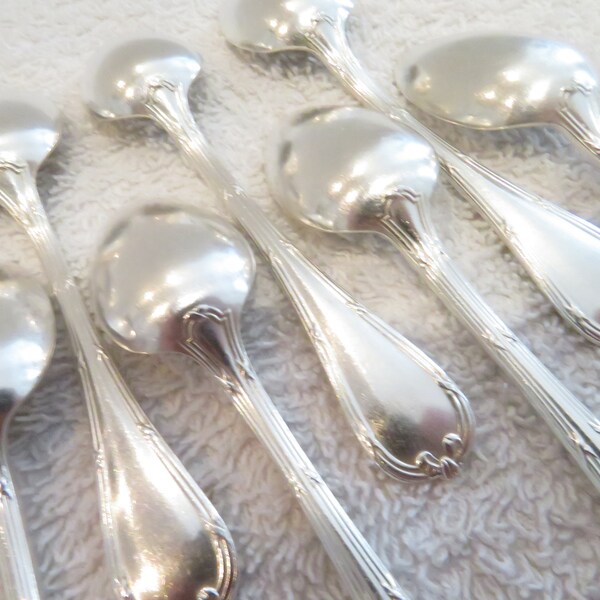 8 cuillères à moka métal argenté style Louis XVI orfèvre Christofle modèle Rubans French silver-plated demi tasse mini spoons 10,2cm