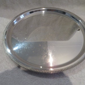 Large round silver metal tray goldsmith Christofle model Malmaison Gorgeous 1990 vintage silver-plated large circle serving tray 39.3cm